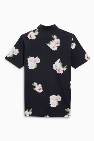 Black Floral Print Poloshirt